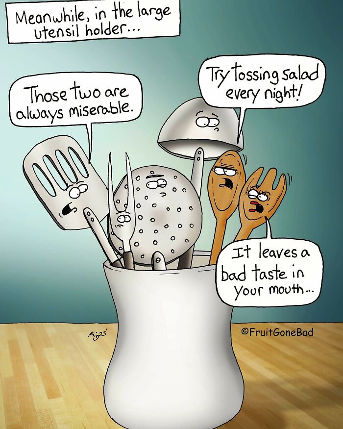 Cartoon of kitchen utensils talking in a holder with a funny twisted fruit gone bad comic style.