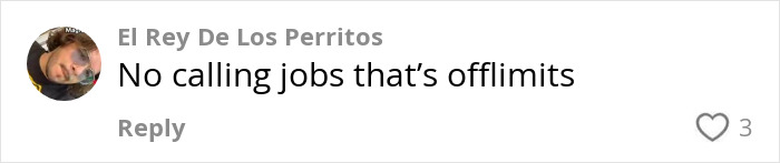 Comment on social media from user El Rey De Los Perritos stating no calling jobs are off limits, discussing boundaries on calls. Comment on social media from user El Rey De Los Perritos stating no calling jobs are off limits, discussing boundaries on calls.