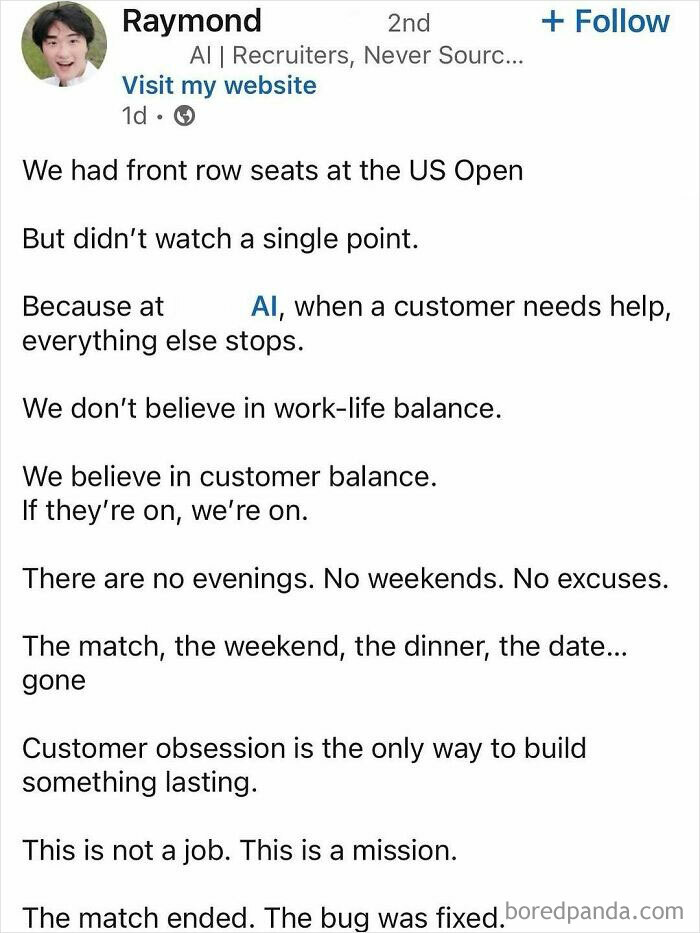 Screenshot of a social media post describing extreme hustle culture and obsession with work over real life balance.