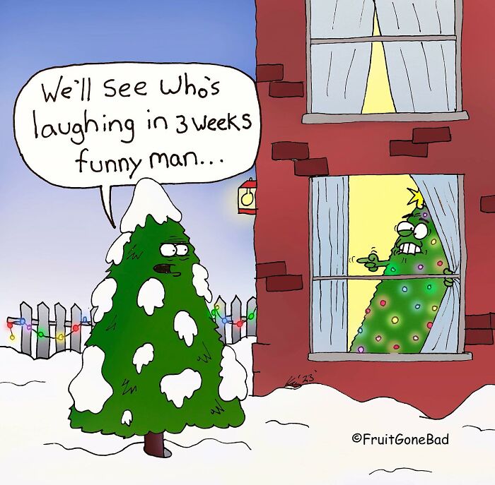 Animated comic of two Christmas trees, one outside snowy and angry, one inside decorated, illustrating twisted humor from Fruit Gone Bad comics.