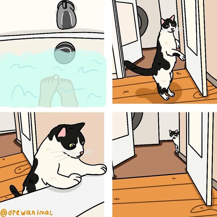 Comic-style art of a viral cat moment showing a curious black and white cat near a bathtub and doors.