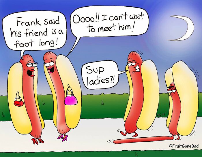 Cartoon hot dogs with faces and speech bubbles, showcasing twisted humor from Fruit Gone Bad comics at night under a crescent moon.