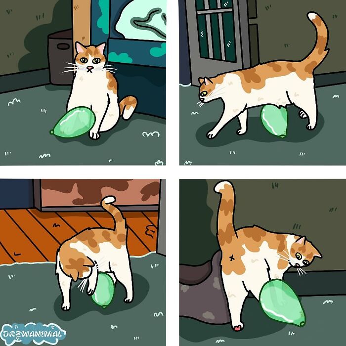 Cartoon of a cat interacting with a green balloon in funny viral cat moments turned into art.