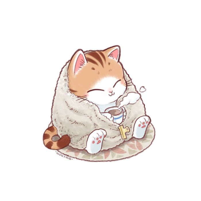 Cute cat illustration wrapped in a cozy blanket holding a steaming cup, showcasing irresistibly adorable cat art.