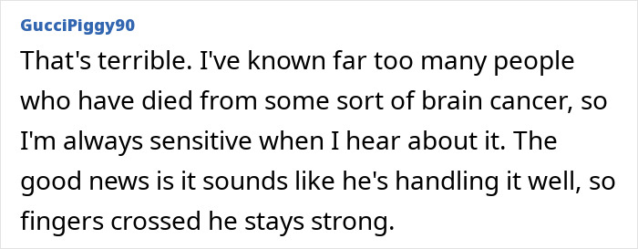 User comment expressing sympathy about brain cancer and hope for Michael Bolton's strength during diagnosis.