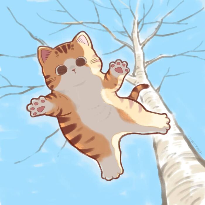 Cute cat illustration of a playful striped kitten floating against a blue sky with bare tree branches in the background.