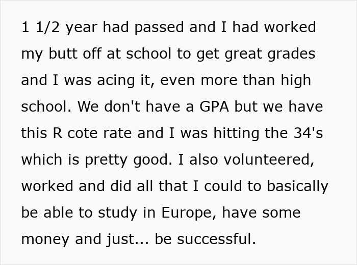 Text excerpt showing a woman sharing her efforts and challenges in trying to study abroad in Europe successfully. Text excerpt showing a woman sharing her efforts and challenges in trying to study abroad in Europe successfully.