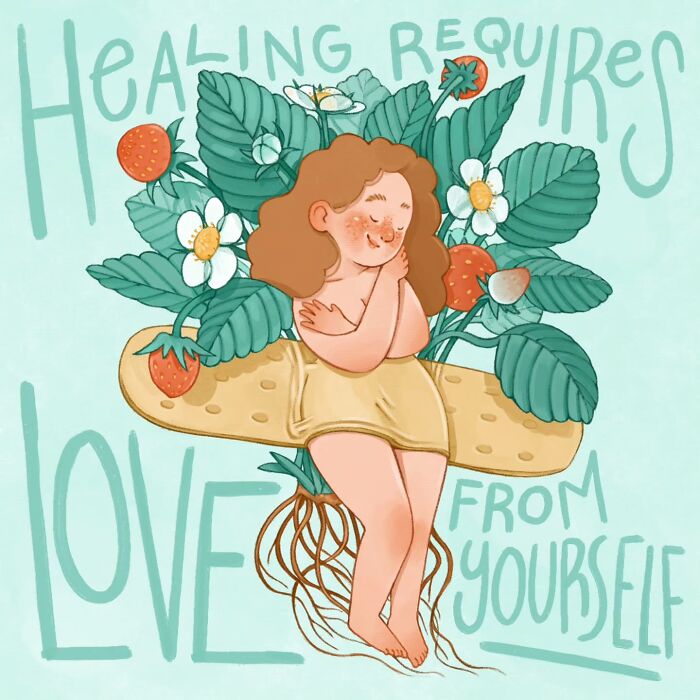 Gentle charming illustration of a person embraced by strawberry plants, symbolizing healing and self-love.