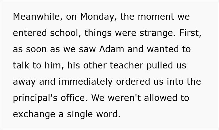 Text describing a teacher scaring a student during class, leading to a shocked reaction and suspension discussion.