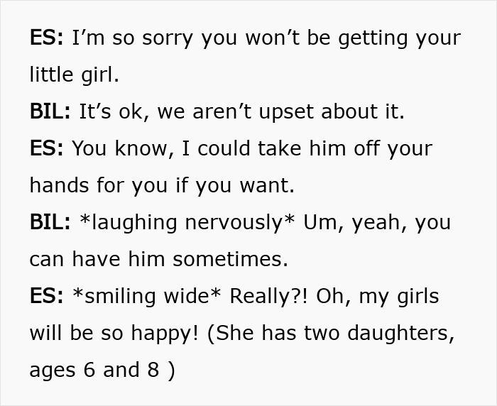 Text message conversation showing sister mistakenly offering to take baby leading to adoption papers being sent.