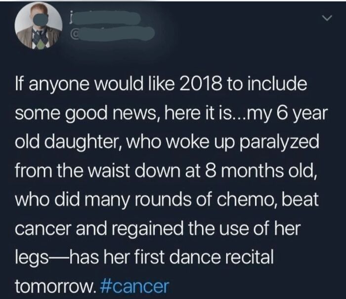 Inspirational post about a young cancer survivor overcoming paralysis and preparing for her first dance recital.
