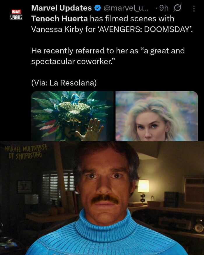 Screenshot of a Marvel Updates tweet about Avengers Doomsday with a humorous Marvel meme featuring a man in a blue sweater.