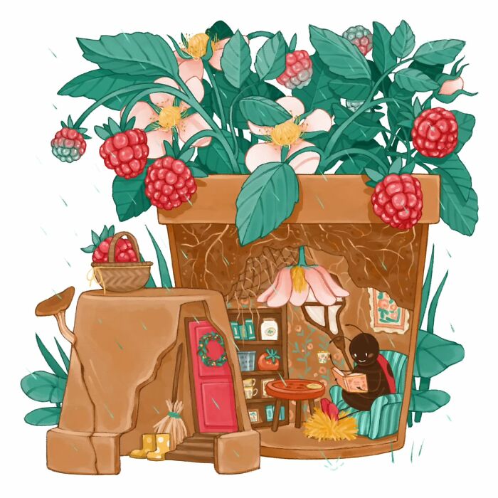 Illustration by Italian artist showing a charming tiny home inside a berry plant with cozy, gentle details and warm colors.