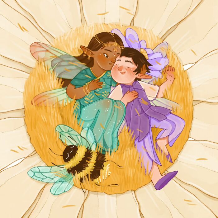 Gentle and charming illustrations by Italian artist showing two fairies cuddling on a flower with a bee nearby.