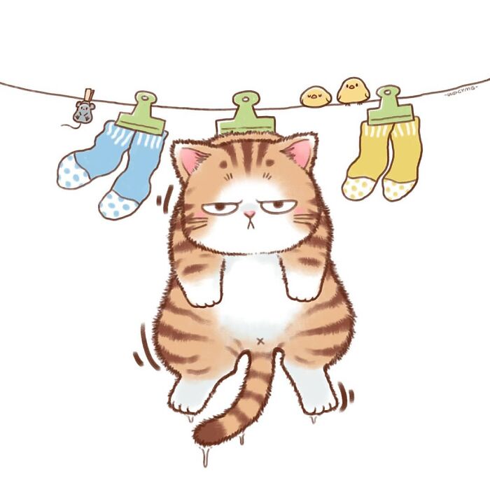 Cute cat illustration hanging on a clothesline between socks with two small birds nearby in a playful scene.