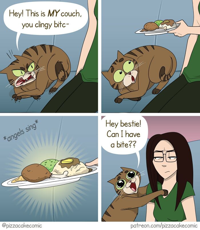 Funny PizzaCake comic showing a cat acting possessive then cute, relating to family and pet life moments.