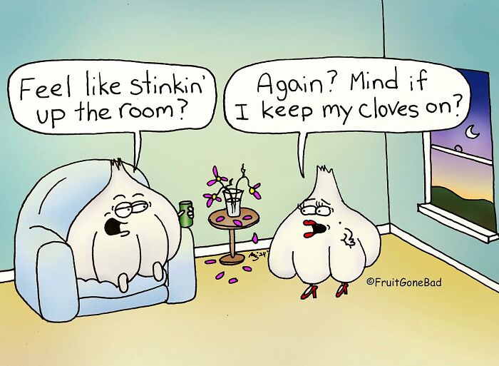 Two cartoon garlic characters in a room, one sitting on a chair, humorously discussing cloves in a fruit gone bad comic.