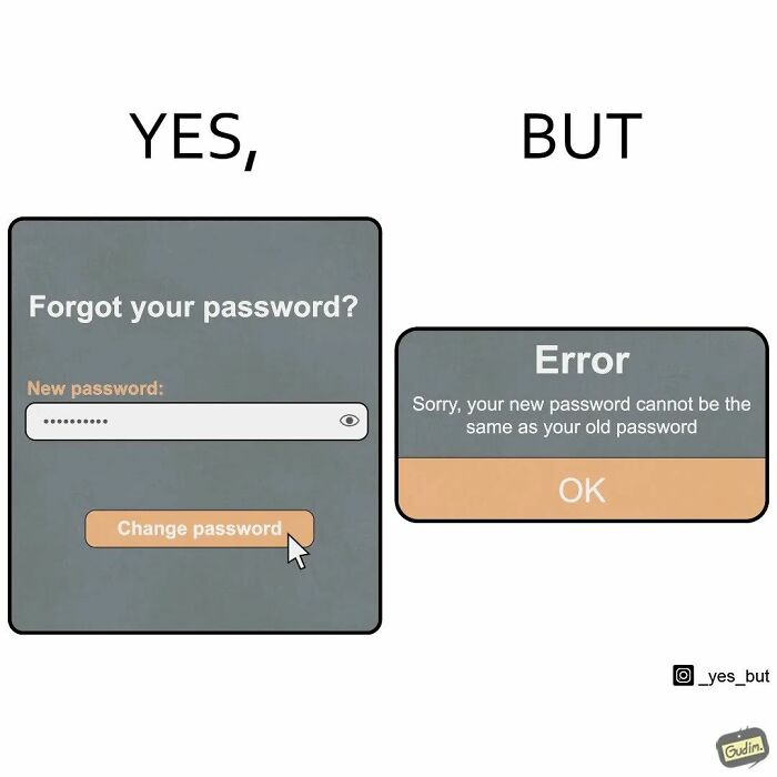 Yes, but comic showing password reset error message humor in a simple digital interface design.
