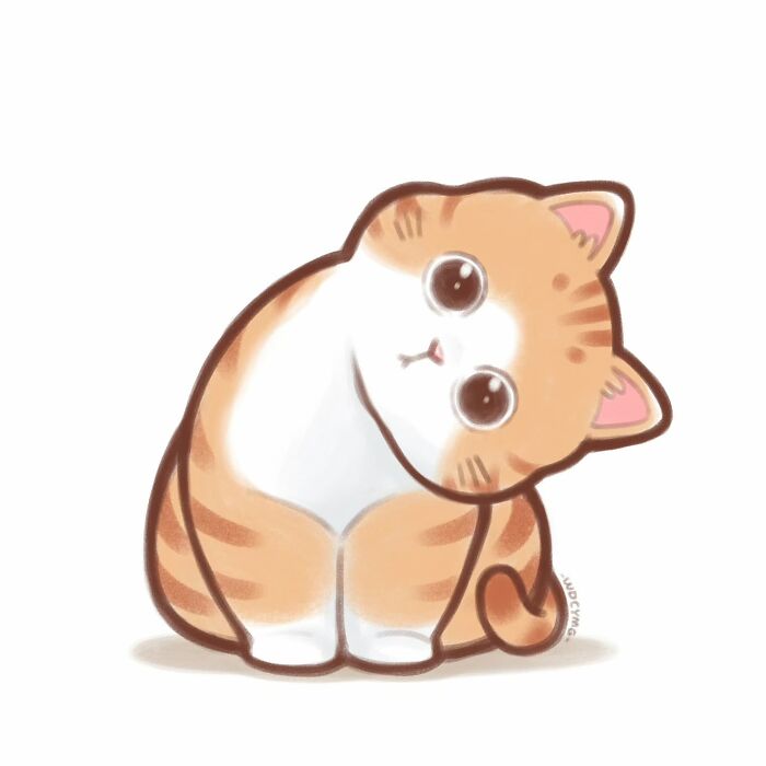 Cute cat illustration with big eyes and tilted head in a simple, soft digital art style.