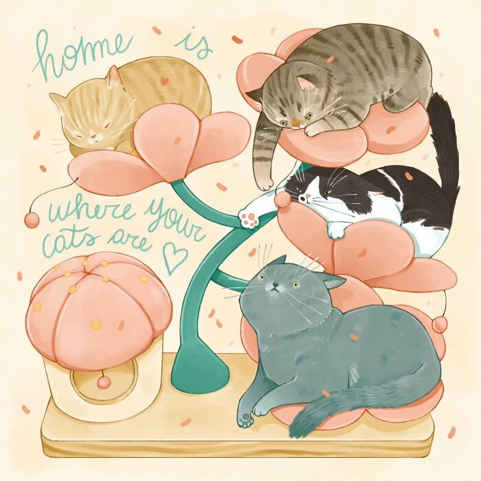 Gentle and charming illustration of four cozy cats resting on pink flower-shaped cushions in a warm, inviting setting.