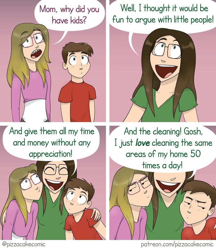 Comic panels showing a relatable family moment with humorous dialogue about parenting and daily life by PizzaCake.