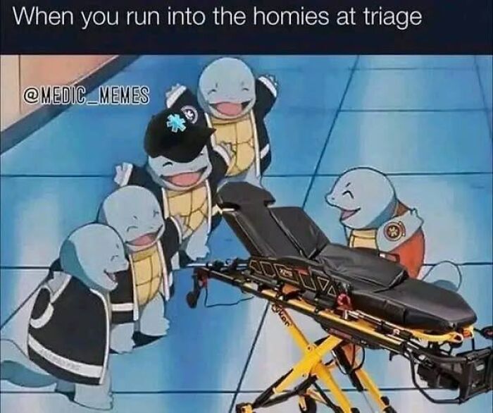 Cartoon characters dressed as paramedics happily greeting each other around an emergency stretcher, EMT memes humor.