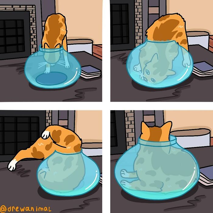 Funny art of a viral cat moment showing a cat stuck inside a clear fishbowl on a table.