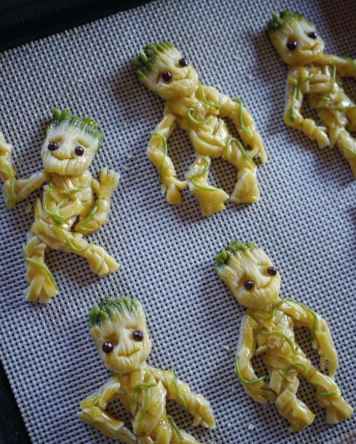 Creative meals for kids from Japan featuring edible Groot-shaped pastries arranged on a blue plate.