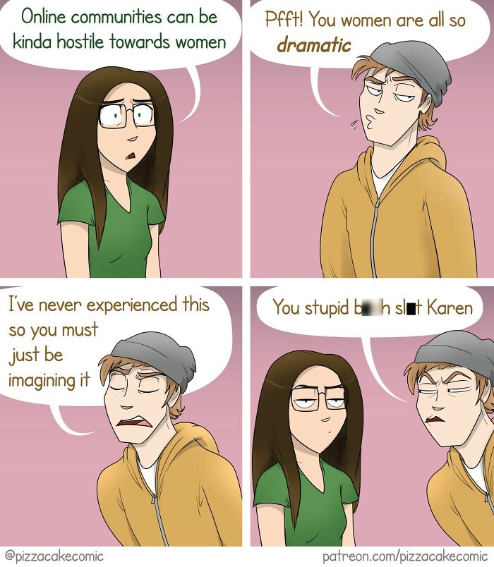 Two characters in a PizzaCake comic discussing online hostility towards women with sarcastic and confrontational dialogue.
