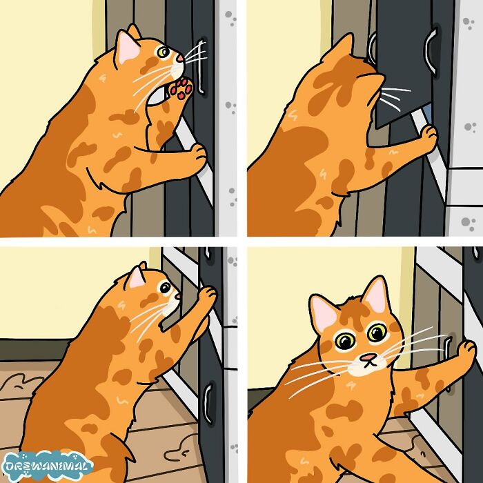 Illustration of a viral cat moment showing an orange cat humorously interacting with a cupboard door in funny art.