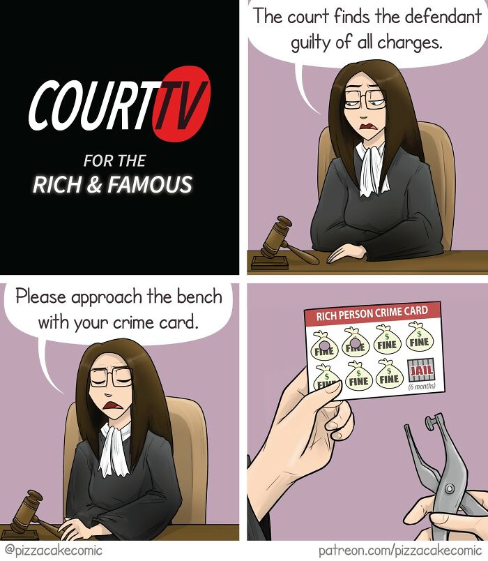 Comic panels showing a judge sentencing a rich person to fines and jail time with humor from PizzaCake comics.