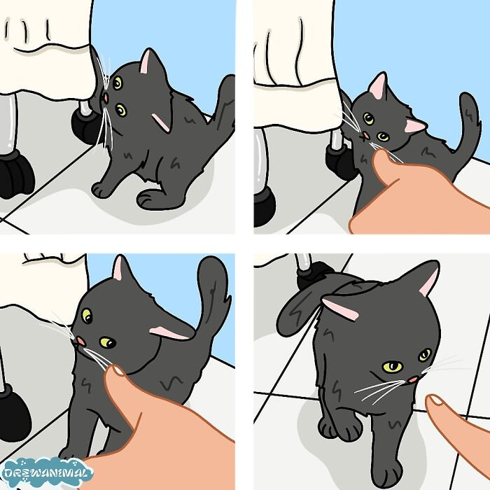 Funny art of a black cat interacting with a person's finger, capturing viral cat moments in a cartoon style.