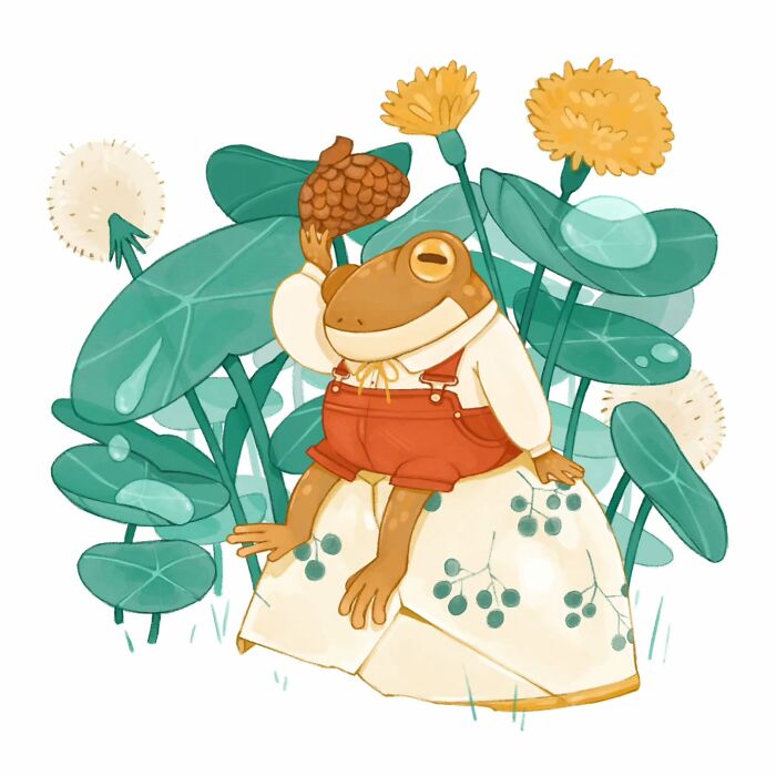 Illustration of a charming frog wearing red overalls sitting on a mushroom surrounded by green leaves and flowers.