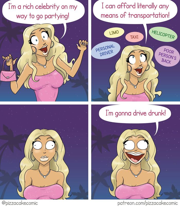 Comic strip from PizzaCake showing a blonde woman humorously talking about fancy transportation and drinking while driving.
