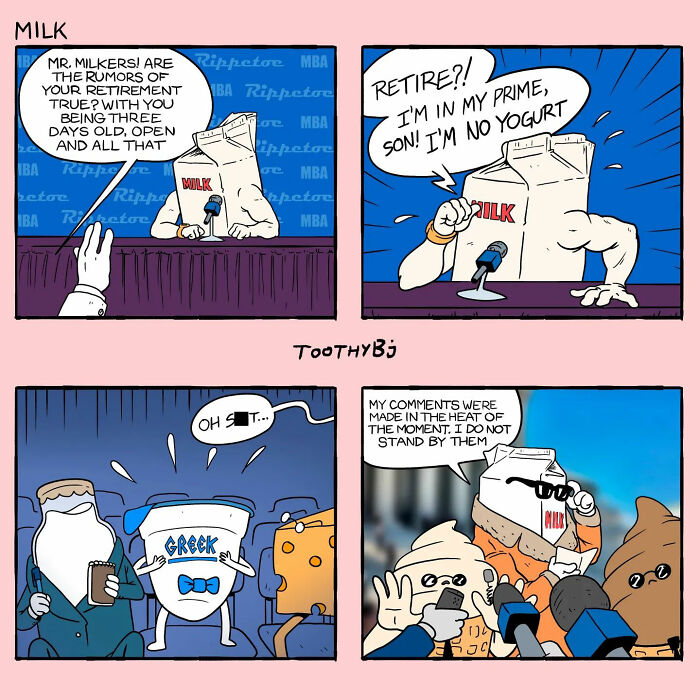 Milk carton holding press conference, denying retirement, with Greek yogurt and cheese reacting, cartoon by Toothy Bj.