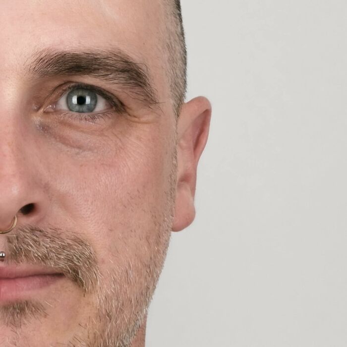 Side-by-side genetic portrait showing family DNA traits with distinct facial features and different hair styles on each half.