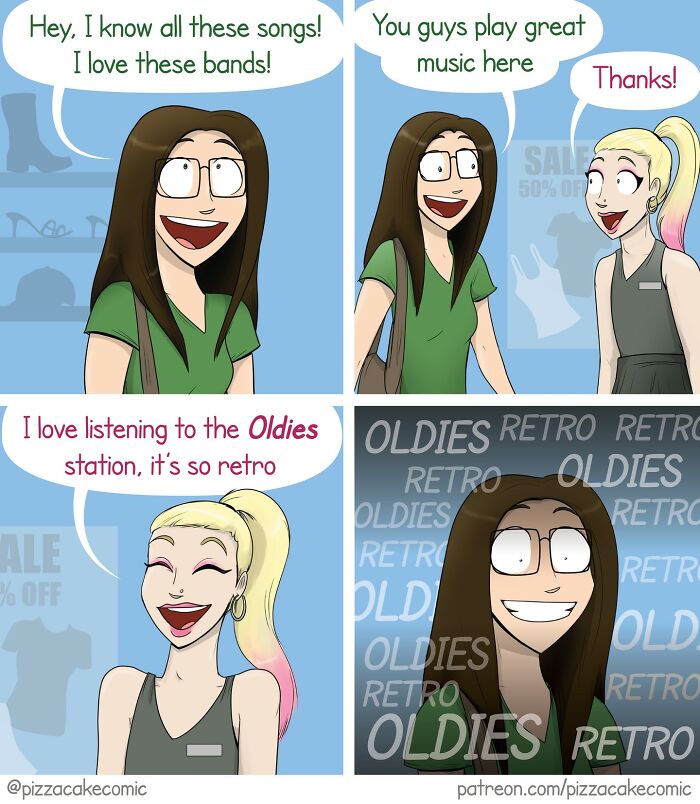 Cartoon comic strip showing a humorous conversation, featuring PizzaCake comics relatable to family, cats, and life.