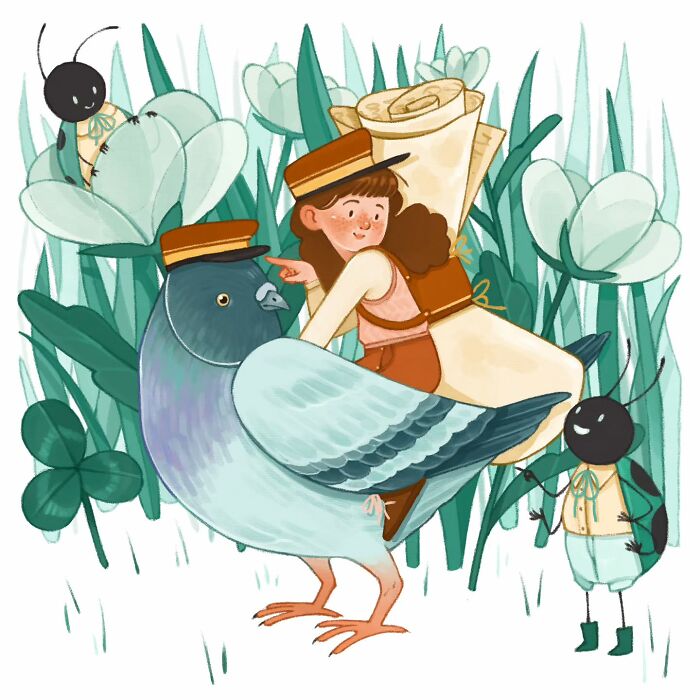Gentle and charming illustrations of a girl riding a pigeon with insects in a whimsical nature scene by Italian artist.