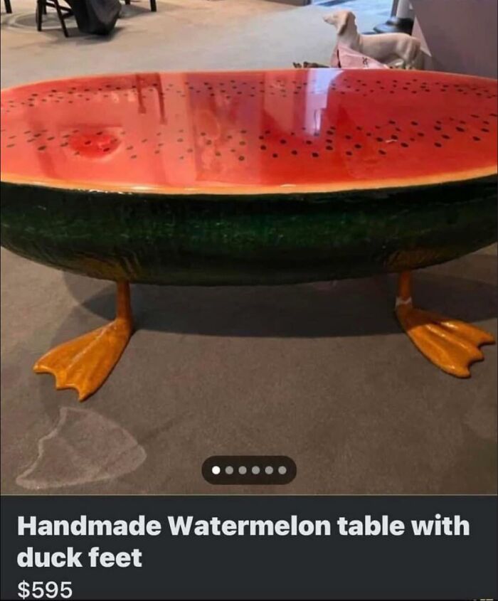 Handmade watermelon table with duck feet, a unique and weird purchase people would make in a heartbeat.