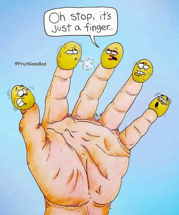Hand with fingers having fruit faces showing expressions in a hilarious fruit gone bad comic style illustration.