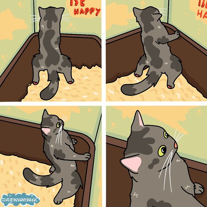 Illustration of a gray cat in various funny poses inside a litter box, showcasing viral cat moments in art.