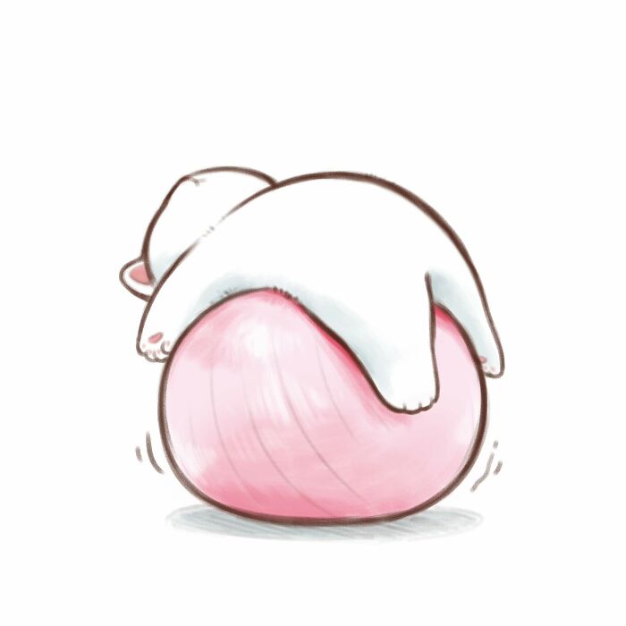 Cute cat illustration of a white cat playfully lying on a pink ball with soft shading and simple background.