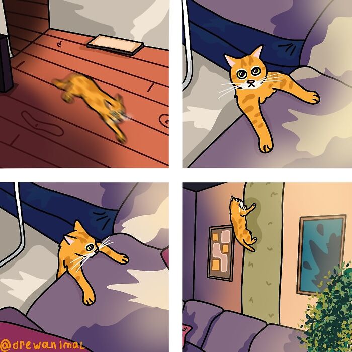 Four-panel funny art showing a viral cat moment with an orange cat jumping and hanging inside a living room.