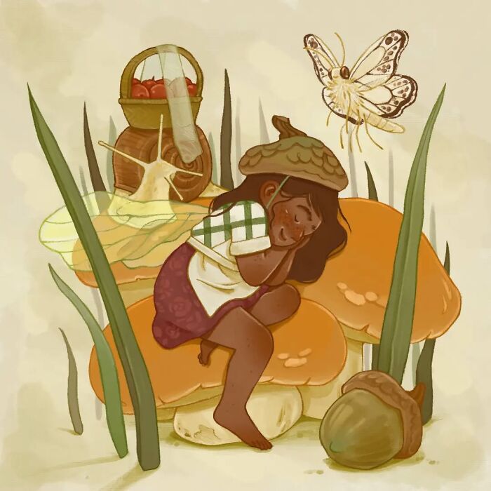 Gentle and charming illustration of a girl with acorn hat resting on mushrooms surrounded by nature and insects.
