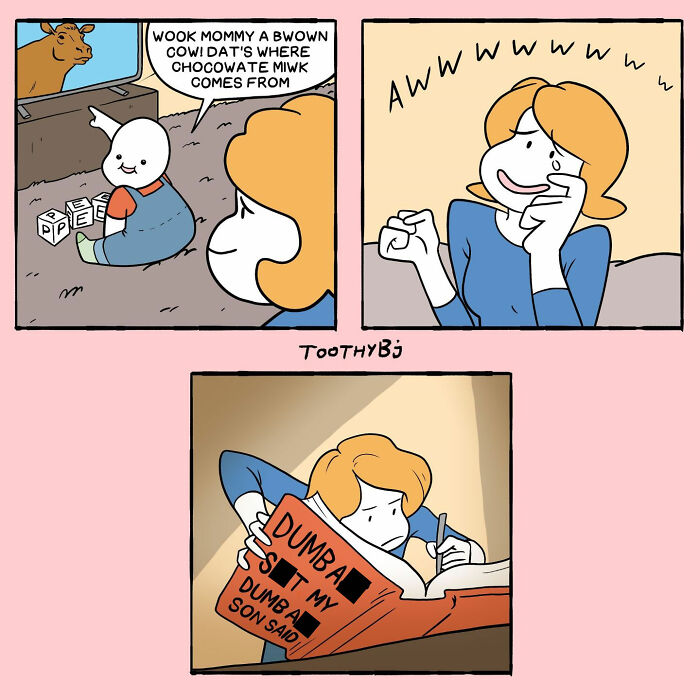 Toothy Bj comic showing a child learning words while a parent reacts emotionally and later studies a book in low light.