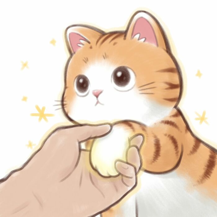 Cute cat illustration with a human hand gently holding the cat's paw, showing an adorable and heartwarming moment.