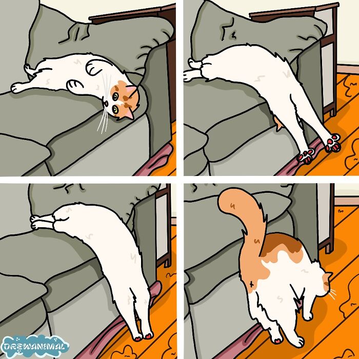 Illustration of a cat in funny poses on a couch, showcasing viral cat moments turned into humorous art.