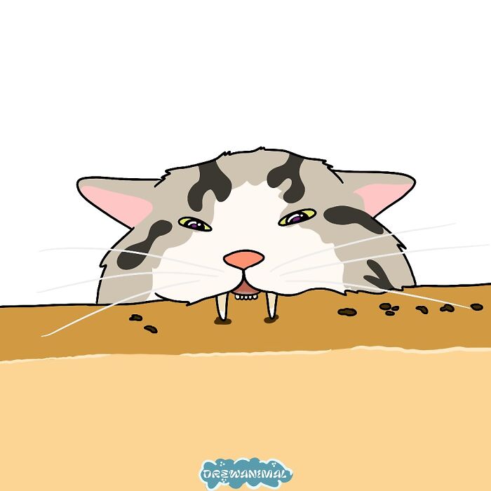 Cartoon of a viral cat moment featuring a funny cat peeking over a surface with exaggerated fangs and expression.