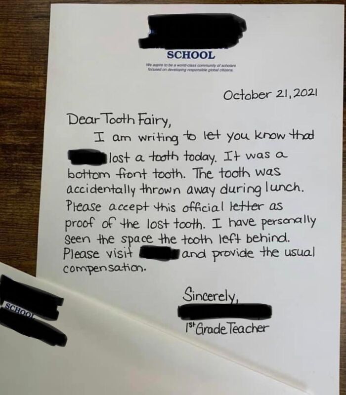 Handwritten letter from a 1st grade teacher explaining a lost tooth as a wholesome post to distract from world horrors.