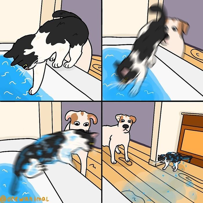 Funny art of viral cat moments showing a cat jumping into water with a dog watching in a comic style.